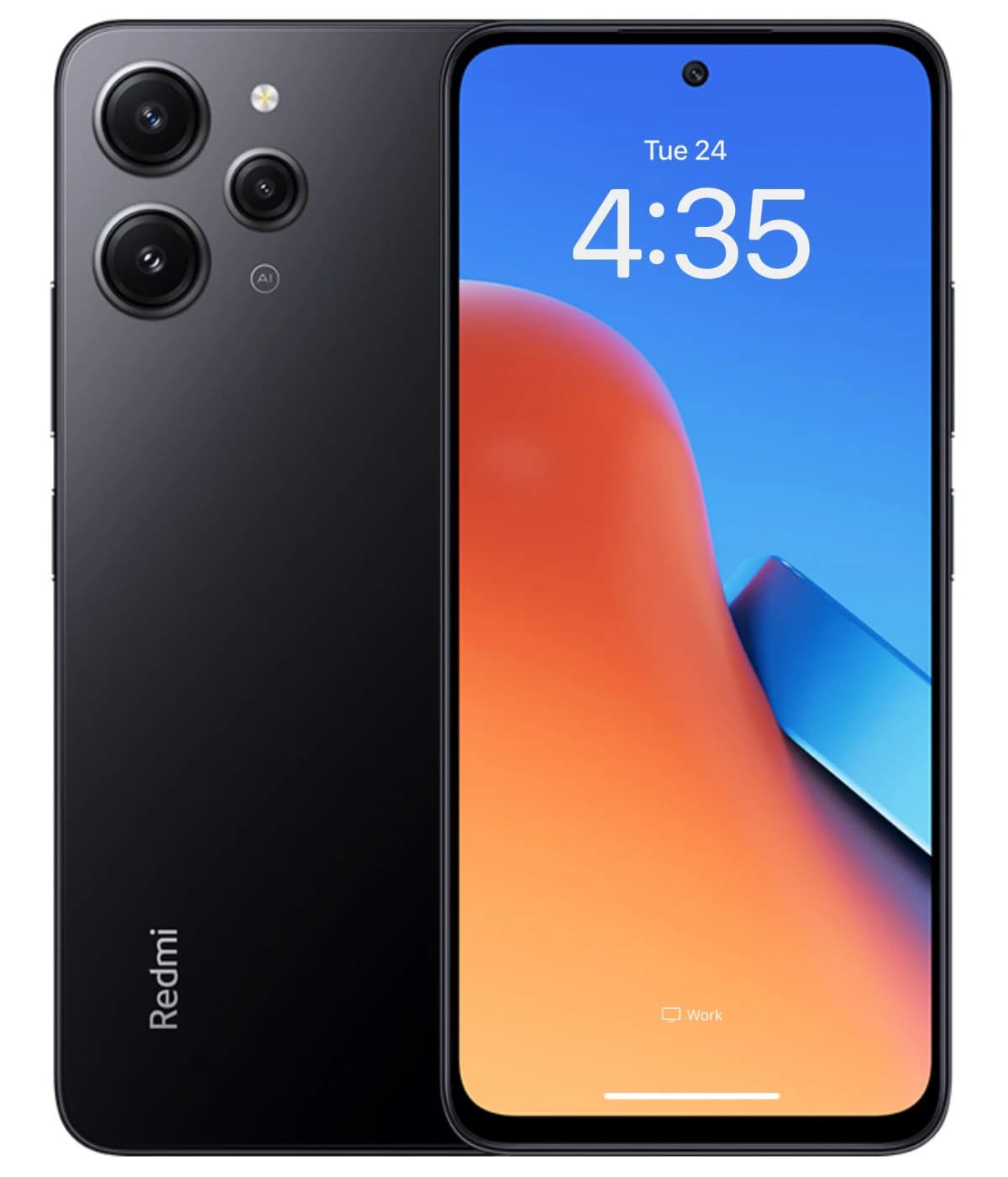 Xiaomi Redmi 12 smartphone in sleek black finish, featuring a vibrant display with a blue and orange gradient background, showcasing dual rear cameras and a front view of the screen displaying the time.