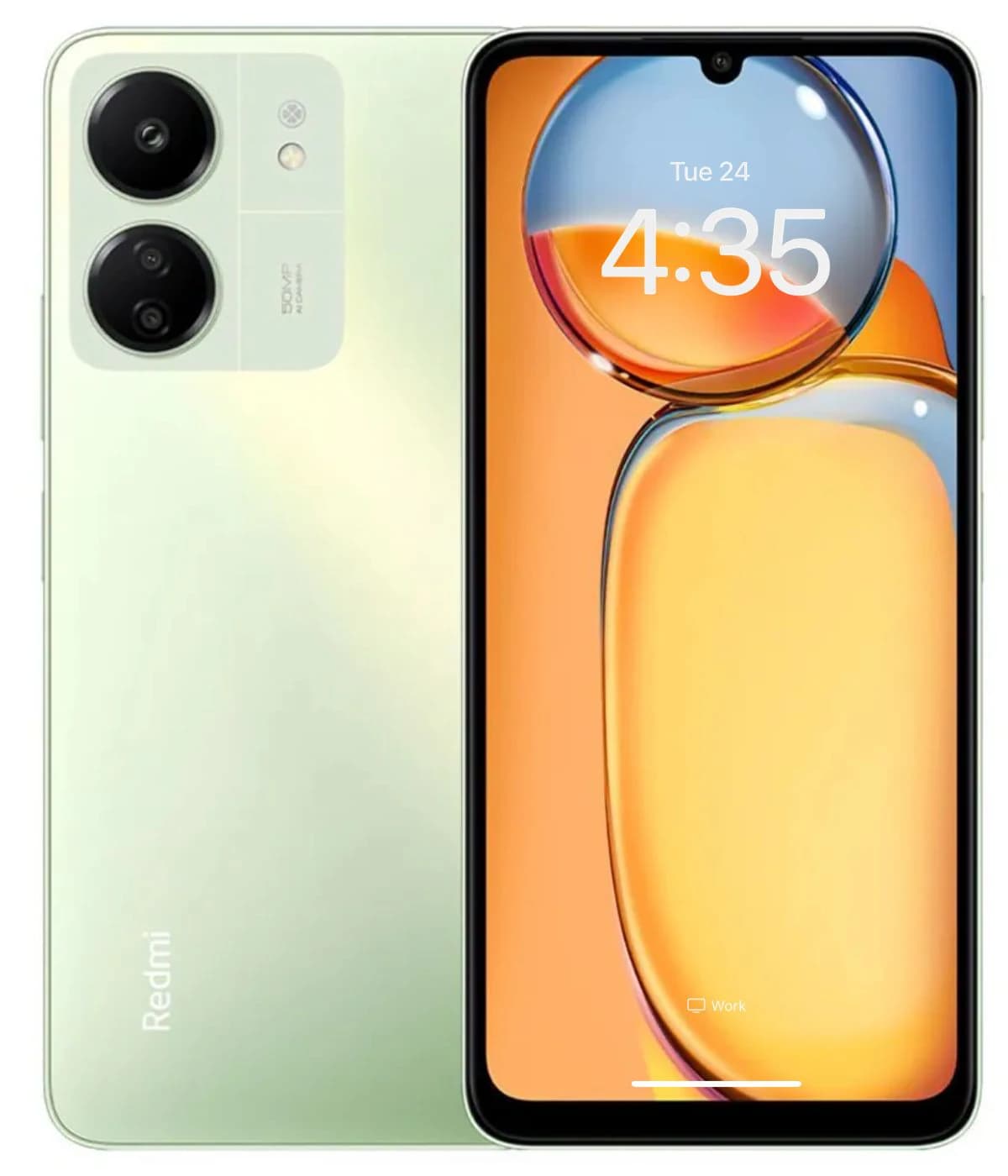 Xiaomi Redmi 13C smartphone in a soft green color with a dual-camera setup on the back. The front displays a vibrant screen with a colorful wallpaper, showcasing the time and date. The sleek design features rounded edges and a modern aesthetic.