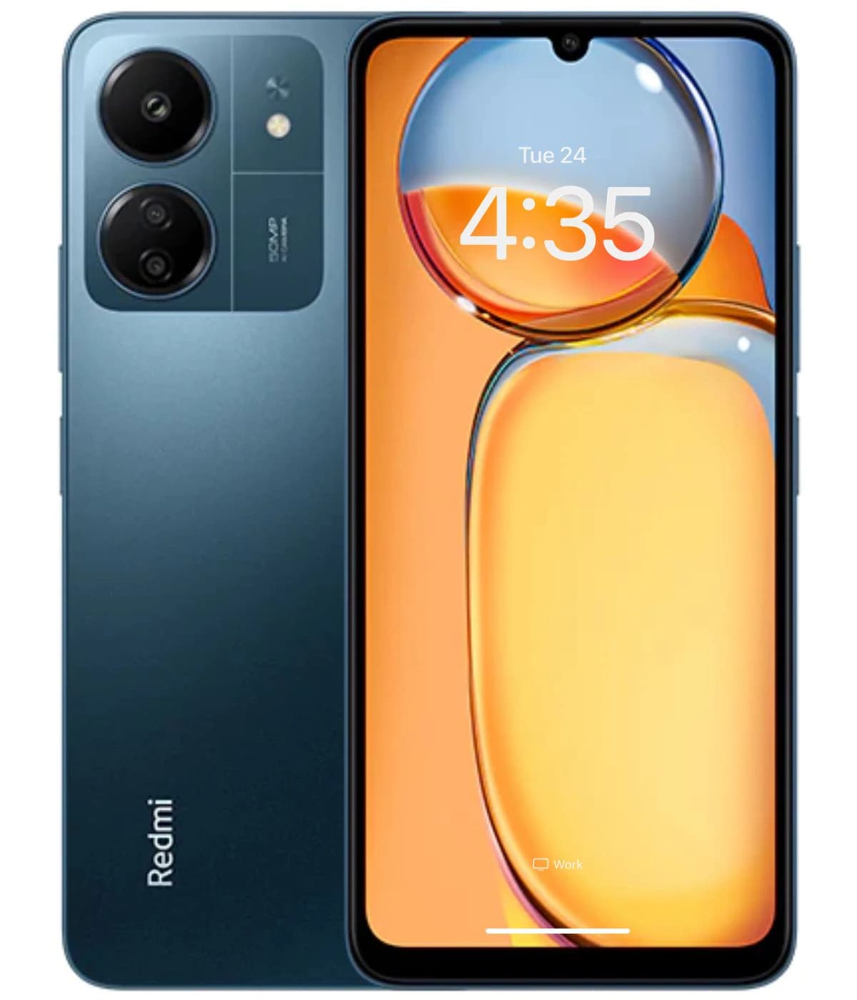 Xiaomi Redmi 13C smartphone in blue color featuring a dual-camera setup on the back, a vibrant display showing the time, and a sleek design. The device is presented in a front view against a plain background.