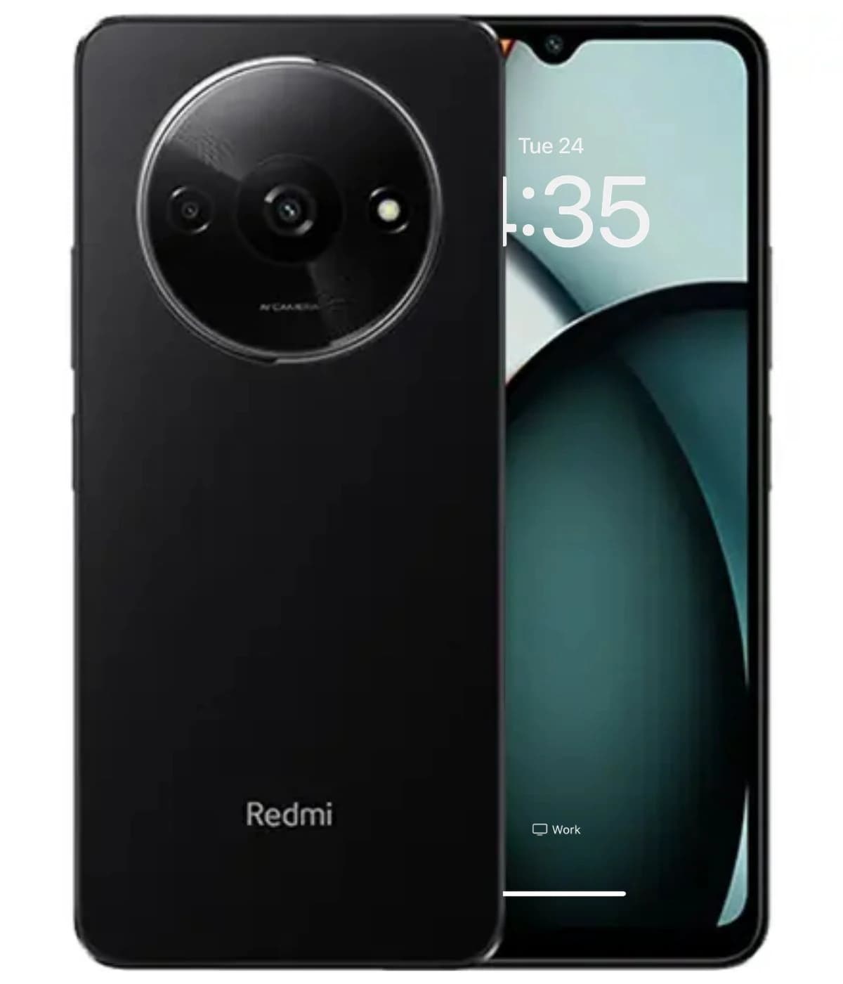 Xiaomi Redmi A3 smartphone in sleek black design featuring a triple camera setup on the back, vibrant display with a waterdrop notch, and a modern aesthetic. The device showcases the 'Redmi' branding prominently.