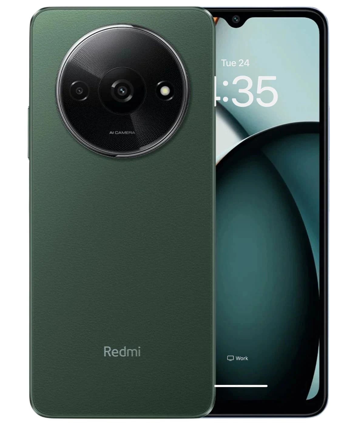 Xiaomi Redmi A3 smartphone in a stylish green finish, featuring a sleek design with a prominent circular camera module on the back. The display shows the time and a soft gradient background, emphasizing its modern aesthetics.