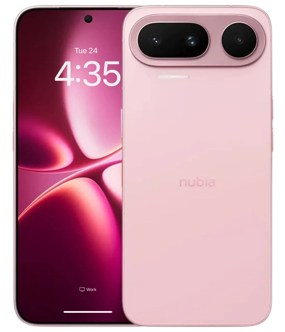 ZTE Nubia NaviX Ultra smartphone in soft pink color, featuring a sleek design with dual rear cameras and a vibrant display showing the time. The device is presented against a plain background, highlighting its modern aesthetics.