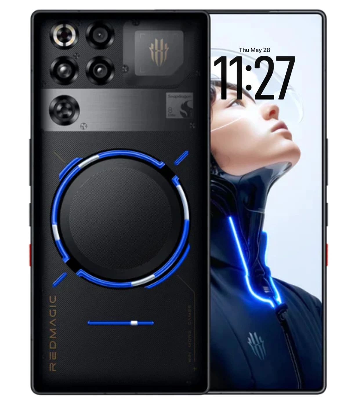 ZTE Nubia Red Magic 11 Pro smartphone featuring a sleek black design with blue LED accents, Snapdragon 8 Gen 1 processor, and advanced gaming capabilities. The device showcases a unique cooling fan and multiple camera lenses on the back.