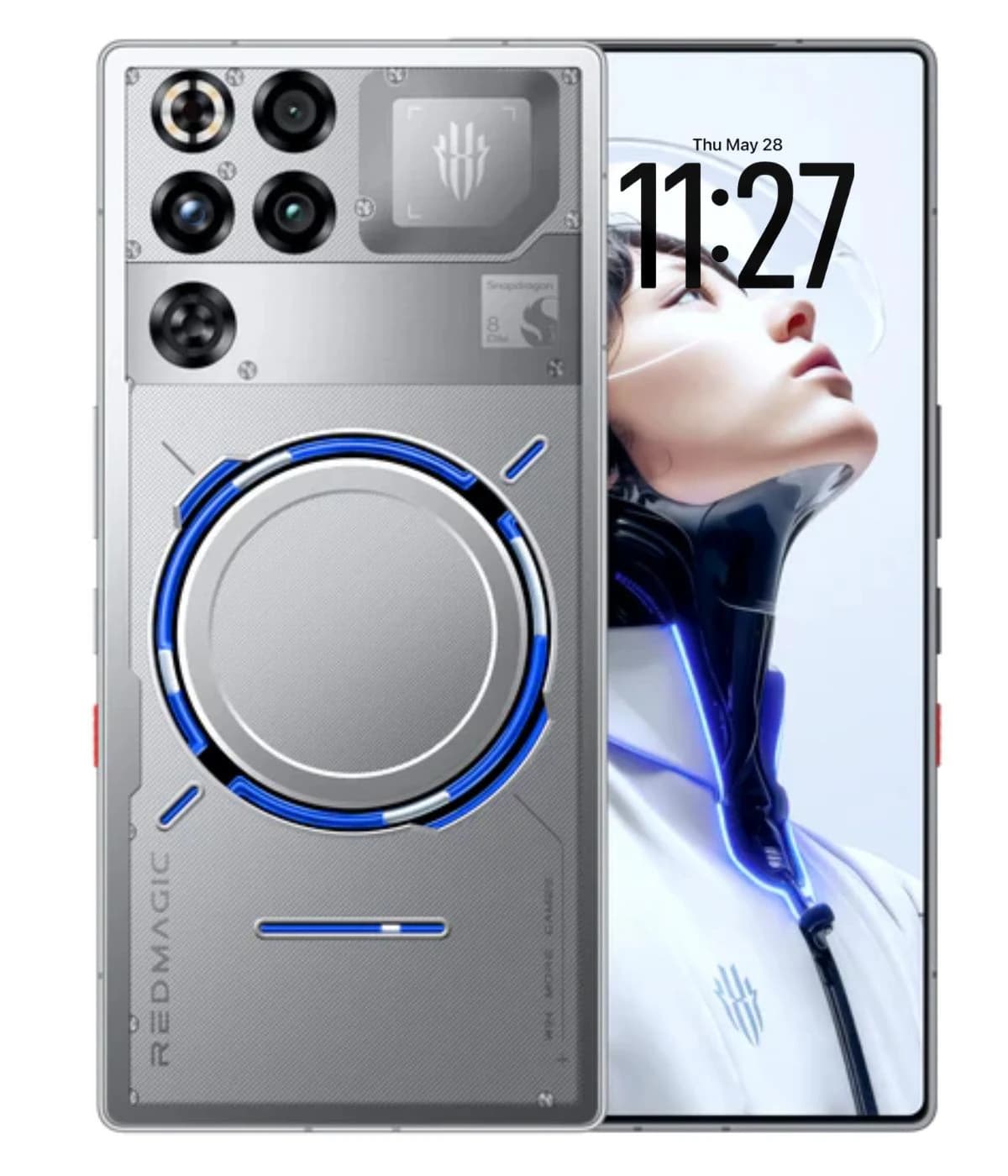 ZTE Nubia Red Magic 11 Pro smartphone featuring a sleek silver design with blue accents, showcasing a unique cooling fan and advanced camera setup. The display shows the time 11:27 against a stylish background.