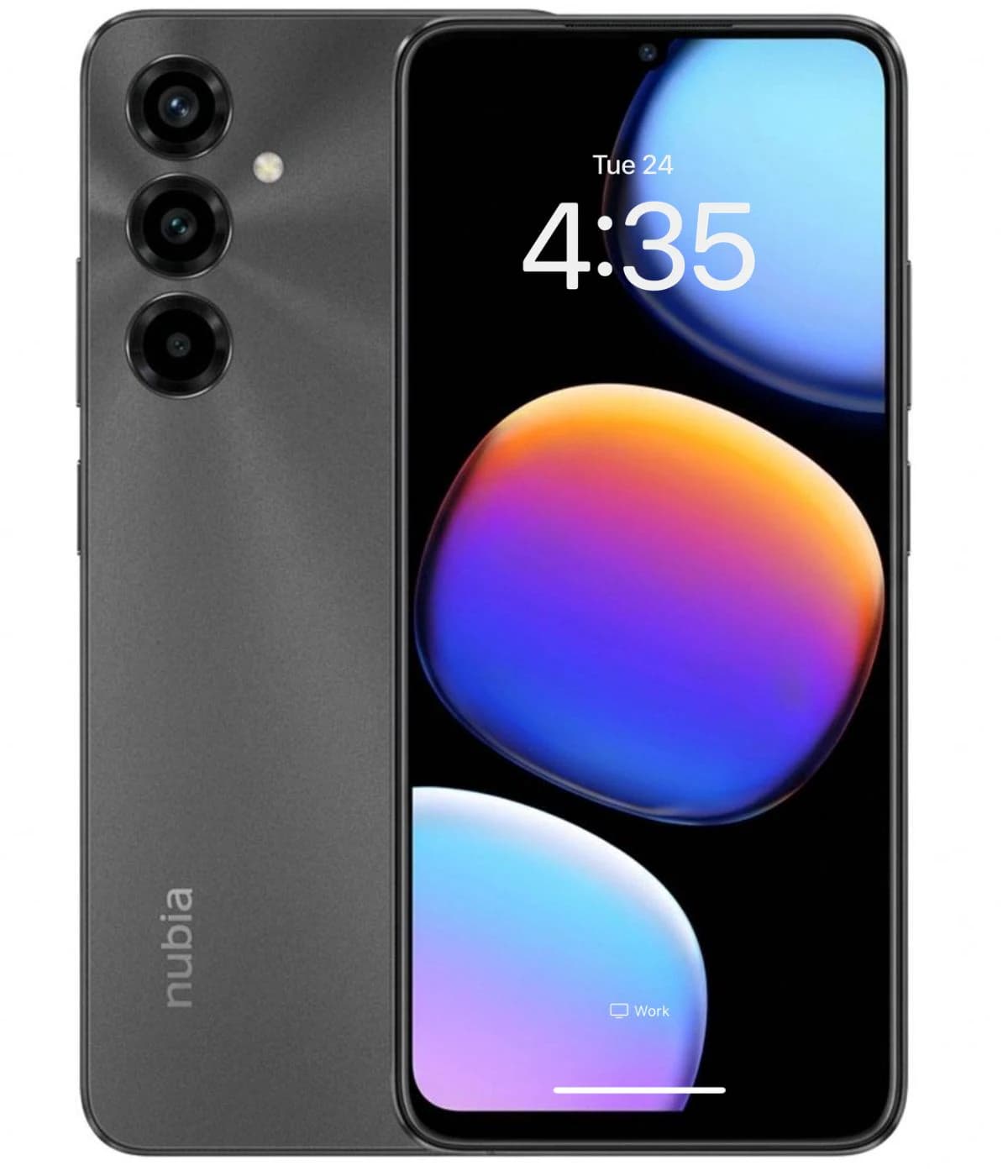 ZTE Nubia V80 Max smartphone in sleek black color featuring a vibrant display with rounded edges, triple rear cameras, and a modern design. The screen showcases colorful app icons and a digital clock.