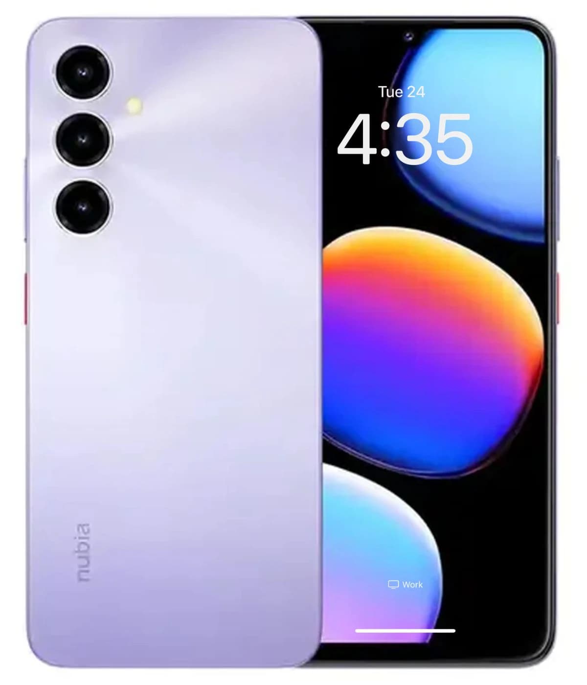 ZTE Nubia V80 Max smartphone featuring a sleek purple gradient design, triple rear camera setup, and vibrant display with colorful icons. The device is shown from a front angle against a plain background.