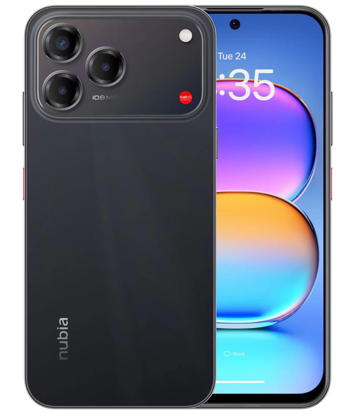 ZTE Nubia V80 Pro smartphone in sleek black design featuring a 108 MP triple camera setup. The front display showcases vibrant colors with a modern interface, ideal for tech enthusiasts.