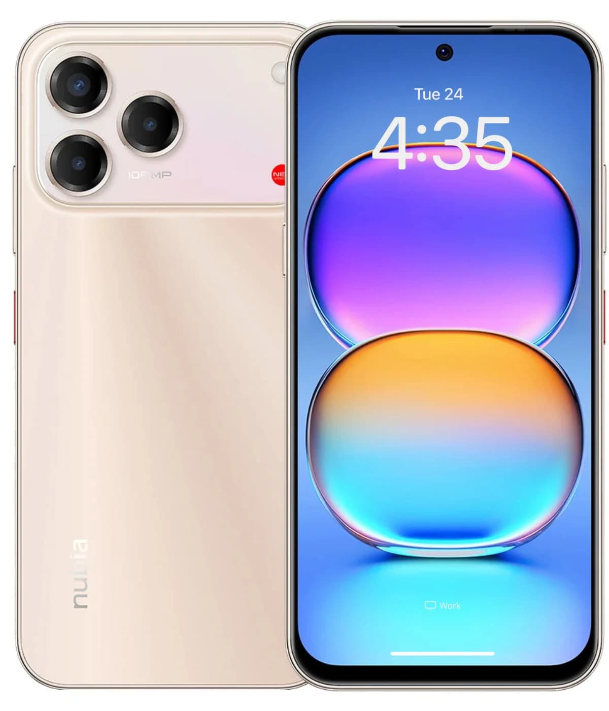 ZTE Nubia V80 Pro smartphone in elegant gold color, showcasing a sleek design with a triple camera setup on the back and a vibrant display featuring colorful circular icons. The device is displayed front and back, highlighting its modern aesthetics.