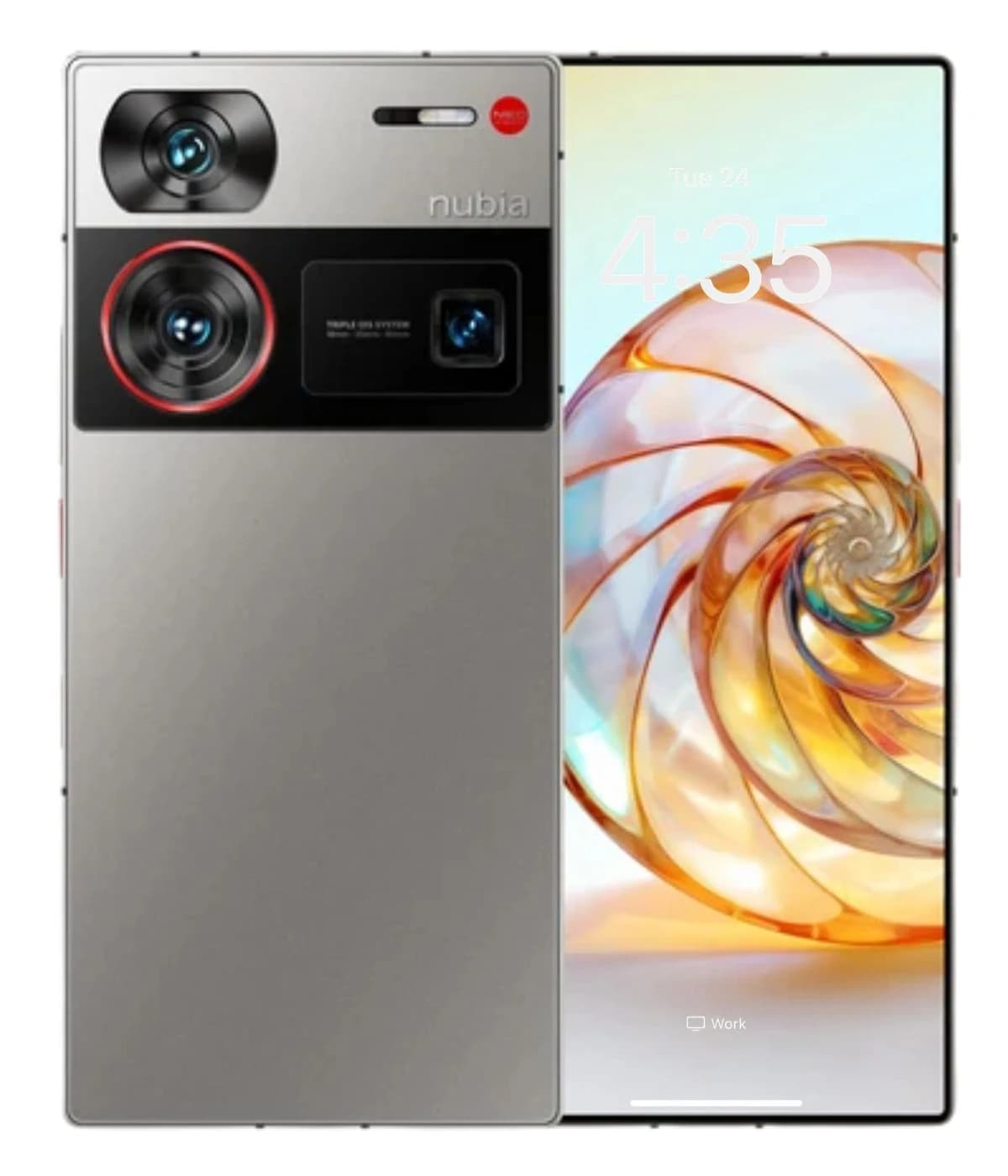 ZTE Nubia Z60 Ultra smartphone featuring a sleek silver design, dual rear cameras with red accents, and a vibrant display showcasing a swirling pattern. The device is shown from the front with a plain background.