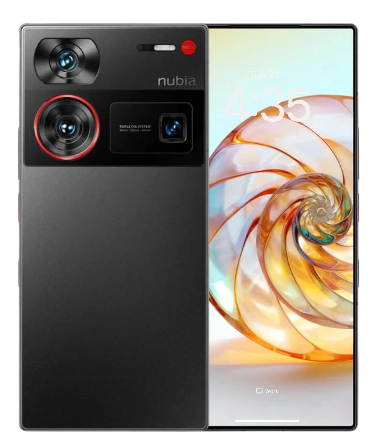 ZTE Nubia Z60 Ultra smartphone featuring a sleek black design, dual camera setup with red accents, and a vibrant display showcasing a colorful spiral pattern. The device is shown from the front, highlighting its modern aesthetics and advanced…