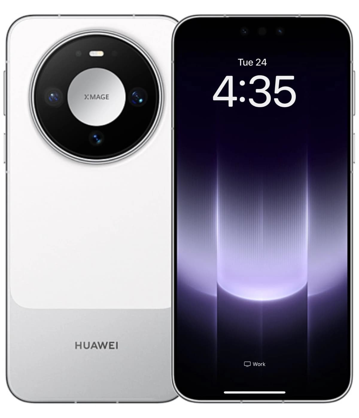 Huawei Mate 90 smartphone featuring a sleek white design with a prominent circular camera module labeled 'X-MAGE'. The display shows a vibrant purple gradient background with the time 4:35. The device is presented in a front view against a plain…