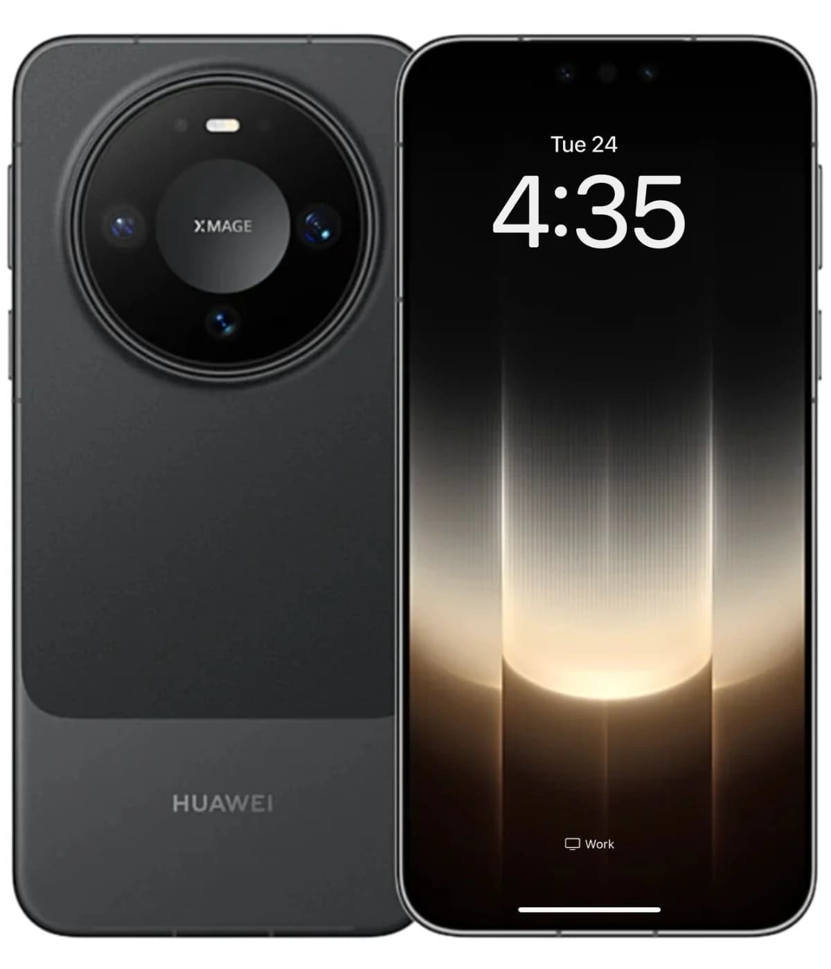 Huawei Mate 90 smartphone featuring a sleek black design, X-MAGE camera system on the back, and a vibrant display showing the time. The device has a modern aesthetic with a smooth finish and rounded edges.