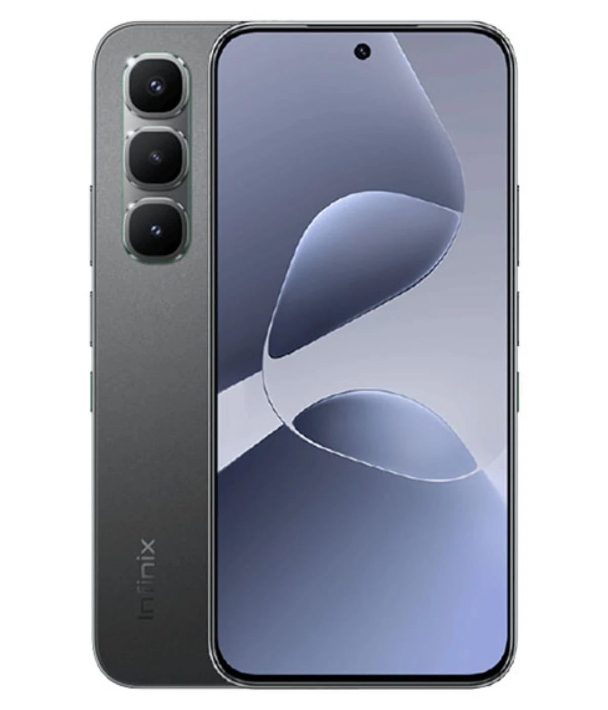 Infinix Hot 60 smartphone in sleek gray color featuring a triple camera setup and a vibrant display. The device showcases a modern design with a flat front and rounded edges, ideal for tech enthusiasts.
