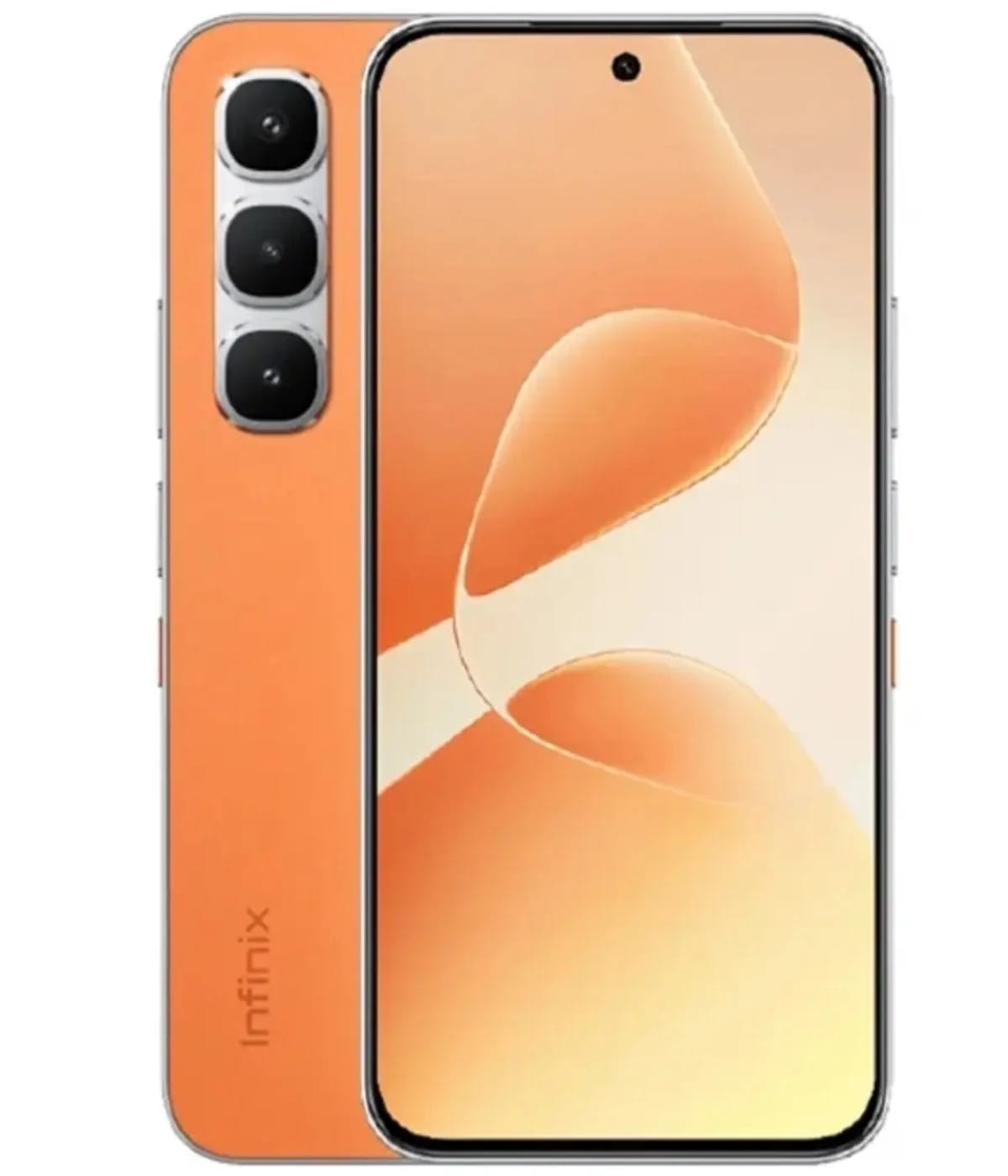 Infinix Hot 60 Pro smartphone in vibrant orange color featuring a sleek design, triple rear camera setup, and a large display with a central front camera. The device showcases a modern aesthetic with a glossy finish.