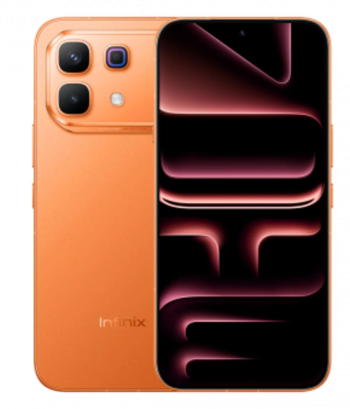 Infinix Note 60 smartphone in vibrant orange color featuring a sleek design, dual rear cameras, and a stunning display showcasing a dark interface. The device is positioned against a plain background, highlighting its modern aesthetics.