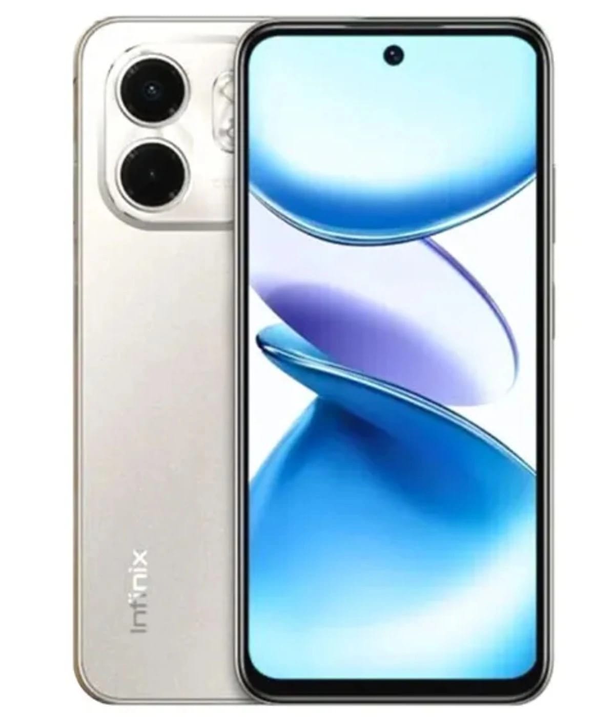 Infinix Smart 9 smartphone featuring a sleek design in a silver finish, showcasing a vibrant display with a blue and white abstract wallpaper. The device has dual rear cameras and a front-facing camera, emphasizing its modern aesthetic.