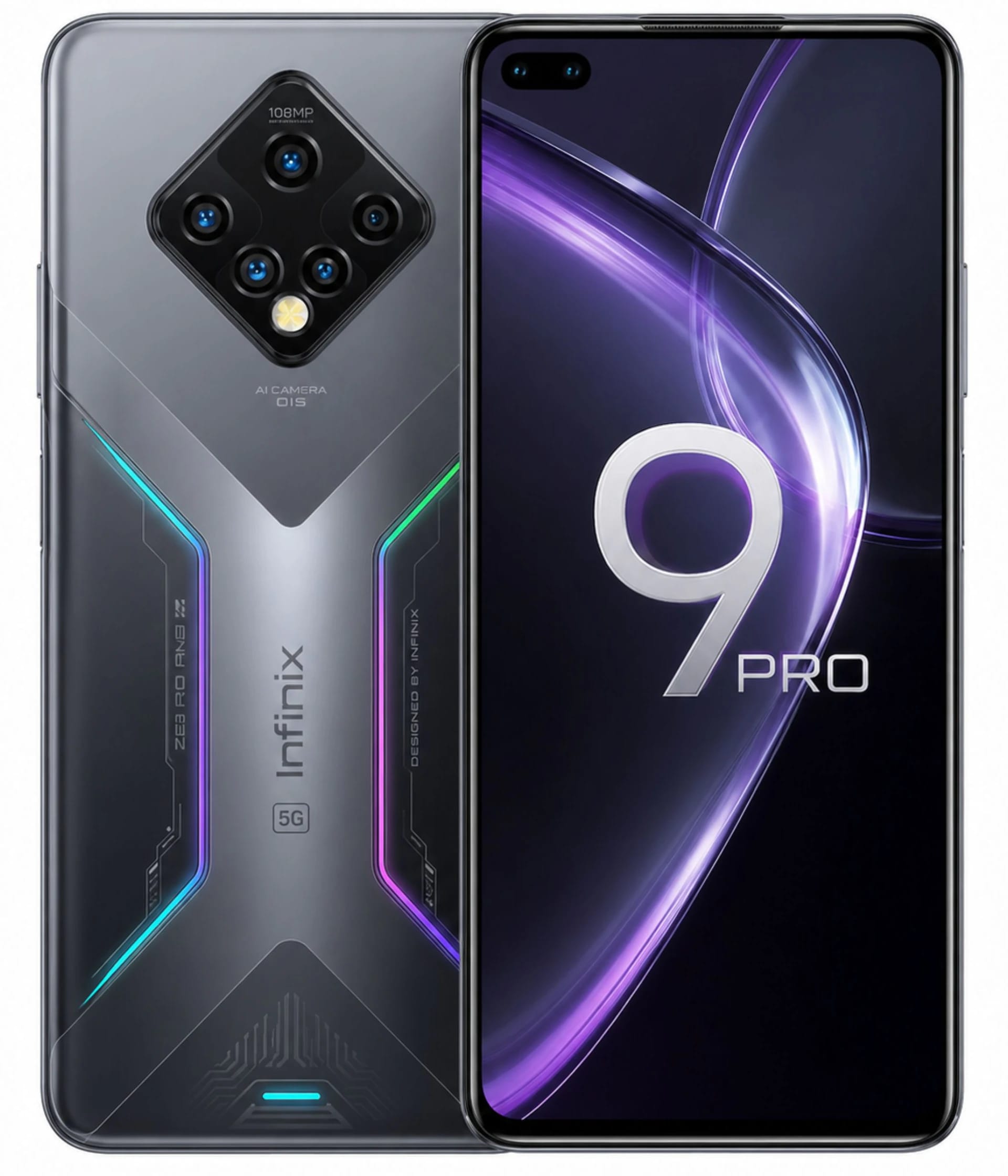 Infinix Zero 9 Pro smartphone featuring a sleek design with a 108MP AI camera, vibrant purple and green accents, and a modern glass finish. The device showcases a dual front camera setup and a large display, ideal for tech enthusiasts.