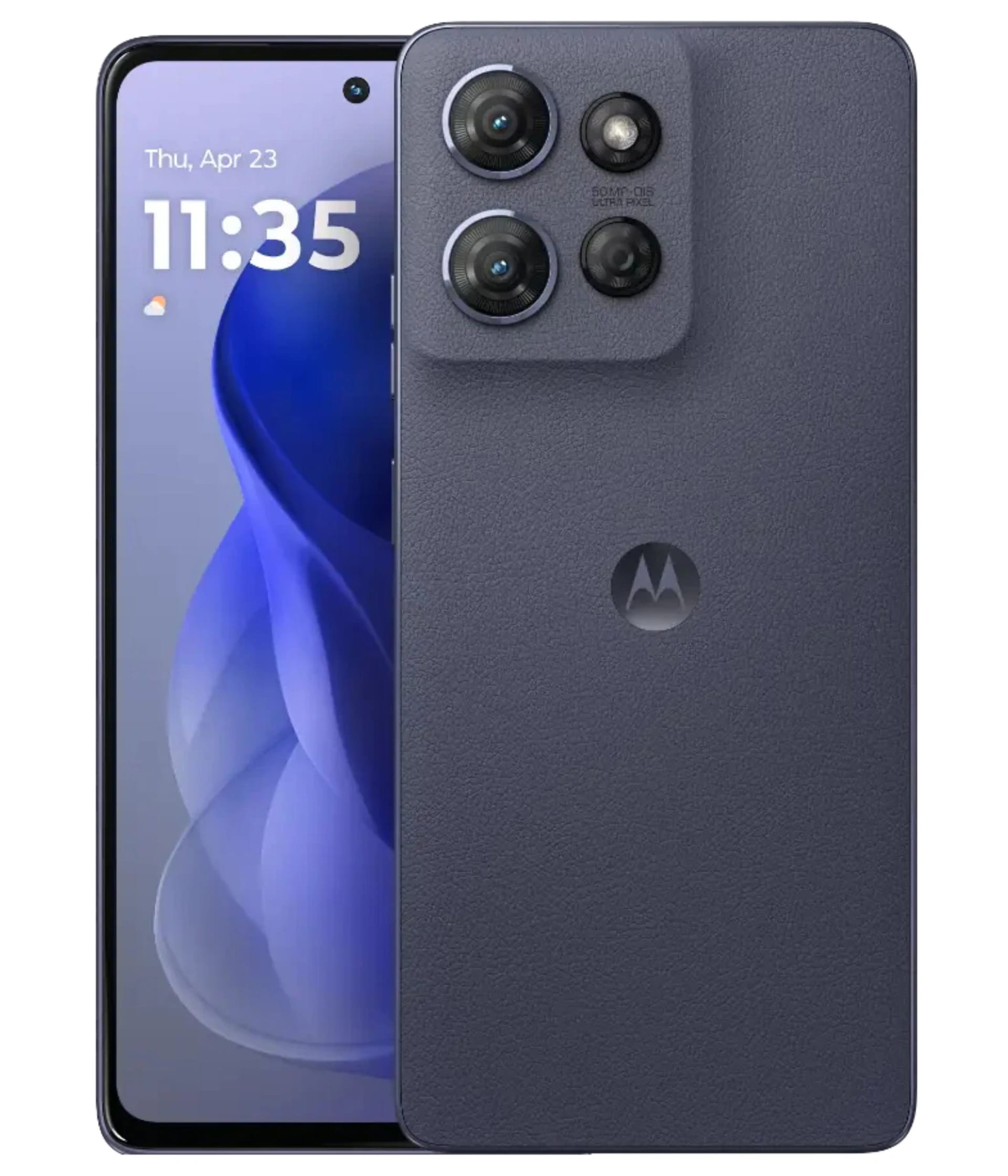 Motorola Moto G Power smartphone in a sleek dark blue finish, featuring a triple camera setup with a 50MP main sensor. The front displays a vibrant screen with a date and time interface, showcasing its modern design and functionality.