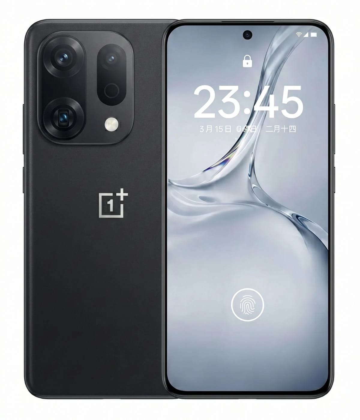 OnePlus 16 smartphone in sleek black design featuring a dual-camera setup, vibrant display showing time, and an in-display fingerprint sensor. The device has a modern aesthetic with a minimalistic logo.