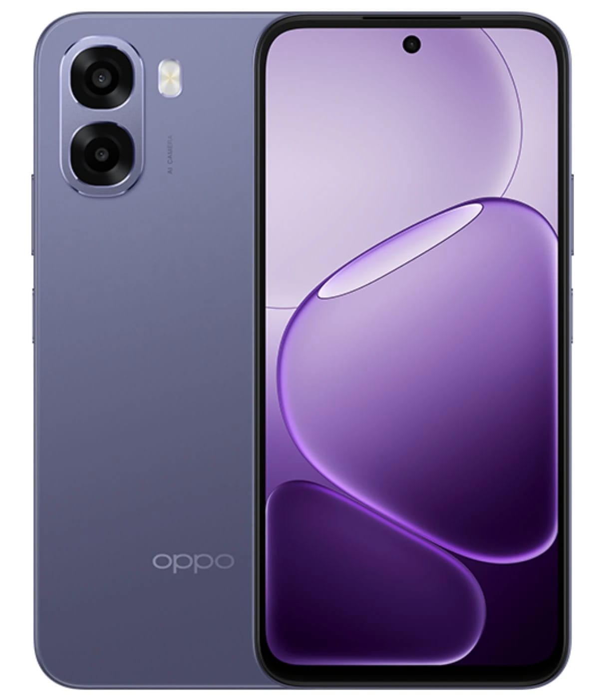 Oppo A6x smartphone in a sleek purple design featuring dual rear cameras and a vibrant display. The device showcases a modern aesthetic with a thin profile and rounded edges, ideal for tech enthusiasts.