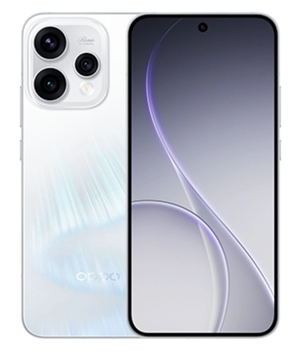Oppo Reno 15 smartphone featuring a sleek white design with a shimmering back, triple camera setup, and a vibrant display. The device showcases a modern aesthetic with a minimalistic front view, perfect for tech enthusiasts.