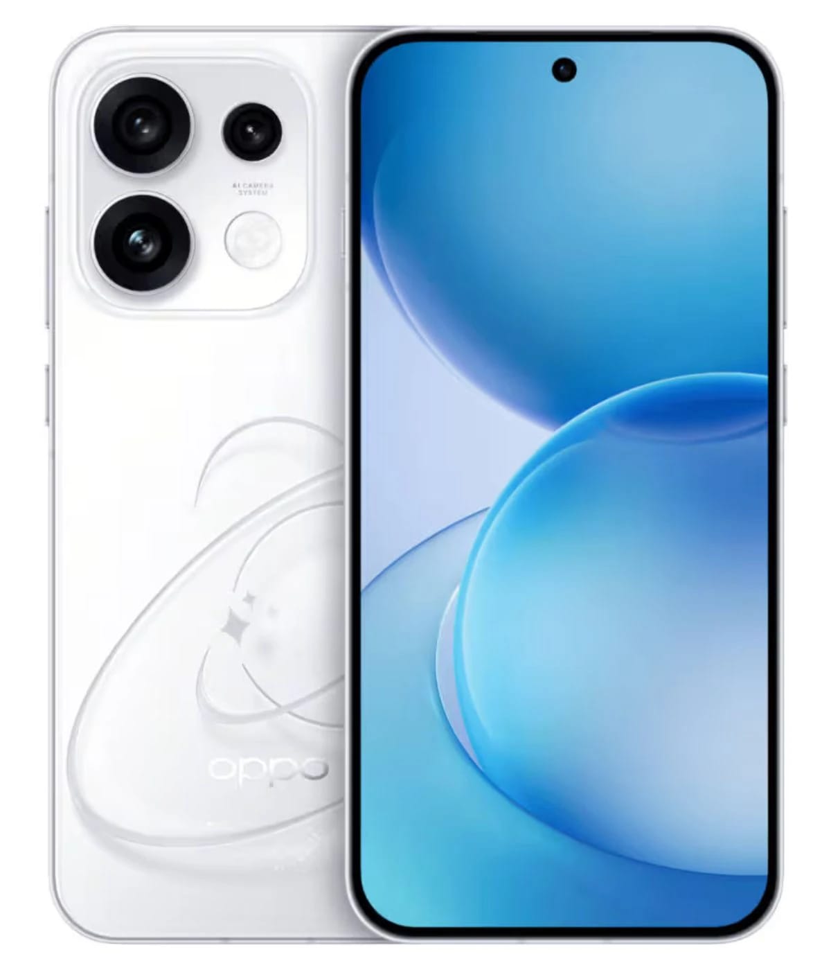 Oppo Reno 16 smartphone featuring a sleek white design with a glossy finish, dual rear cameras, and a vibrant blue display. The device showcases a modern aesthetic with a minimalist look, perfect for tech enthusiasts.