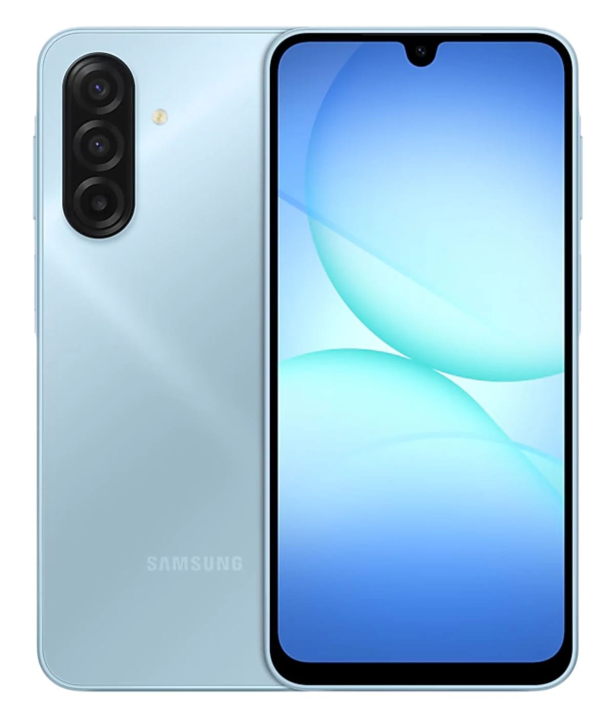 Samsung Galaxy A17 smartphone in light blue color featuring a sleek design, triple rear camera setup, and a vibrant display. The device showcases a modern aesthetic with a smooth finish and rounded edges.