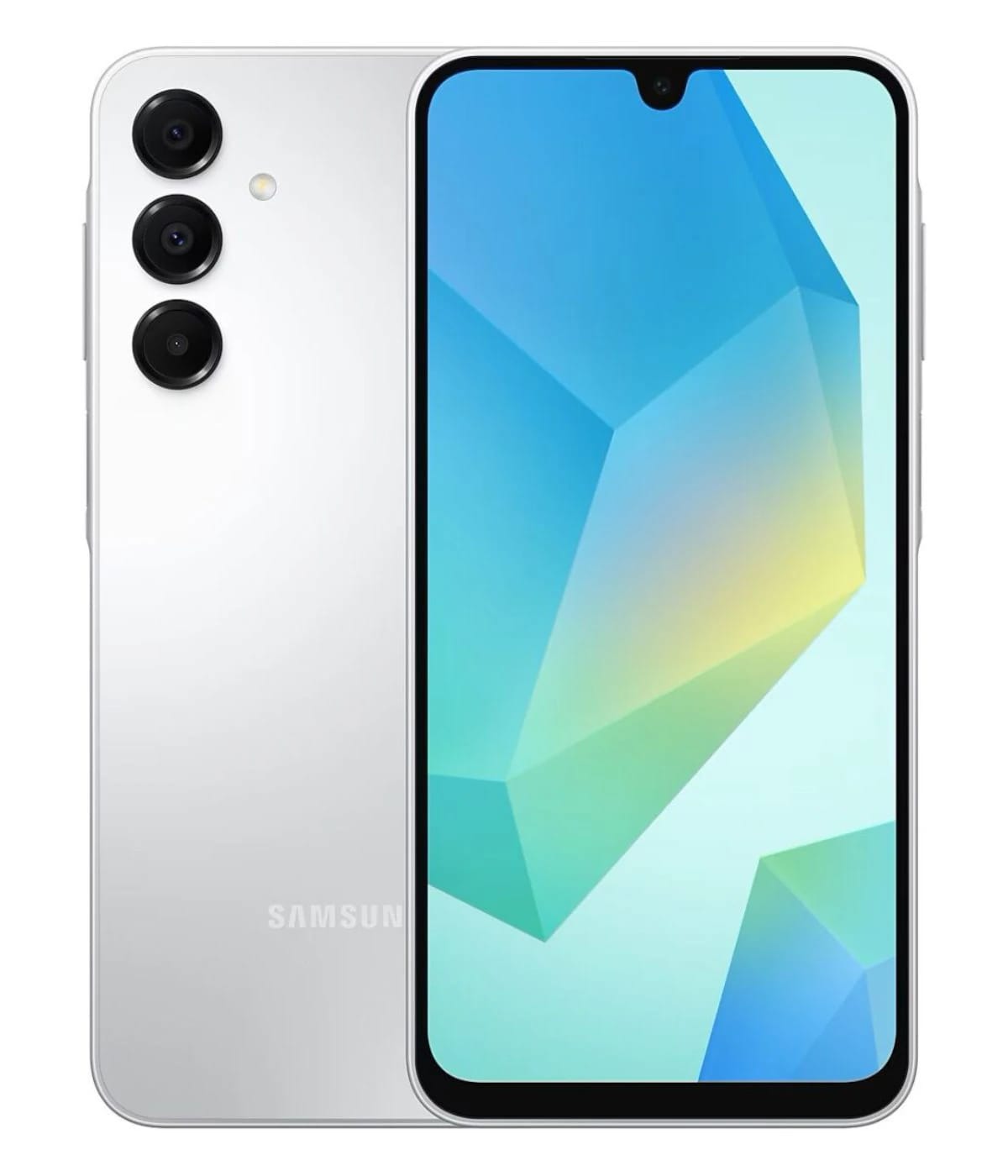 Samsung A18 smartphone in sleek silver finish, featuring a vibrant display with a blue and green geometric background. The device showcases a triple camera setup on the back, emphasizing its modern design and functionality.