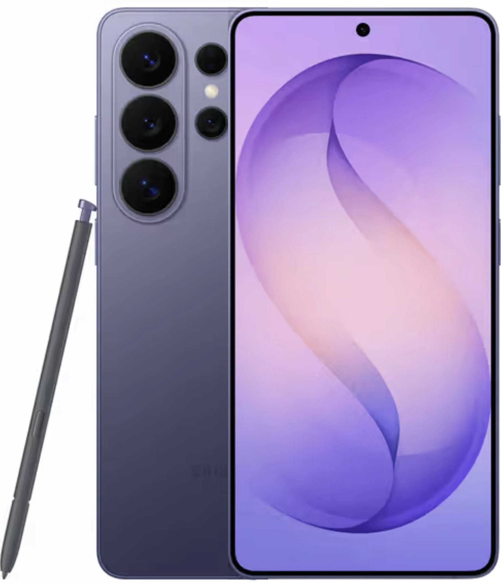 Samsung Galaxy S26 Ultra smartphone in a sleek purple finish, featuring a stunning display with a vibrant gradient background. The device showcases a triple camera setup on the back and includes an S Pen stylus, perfect for productivity.
