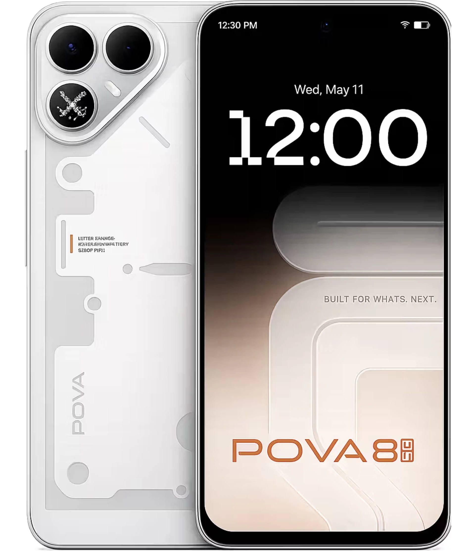 Tecno Pova 8 5G smartphone featuring a sleek white design with dual rear cameras, a vibrant display showing the time and date, and the POVA 8 branding. The device showcases a modern aesthetic with a minimalistic style.