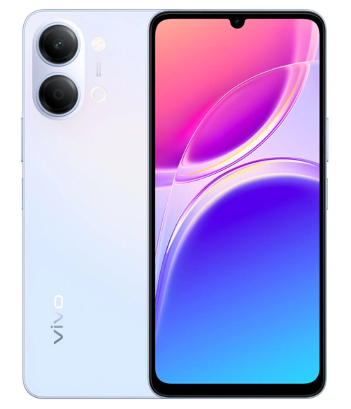 Vivo Y05 smartphone in a sleek white finish featuring a dual-camera setup on the back and a vibrant display with a gradient color scheme. The device showcases a modern design with a notch display and rounded edges, ideal for stylish users.