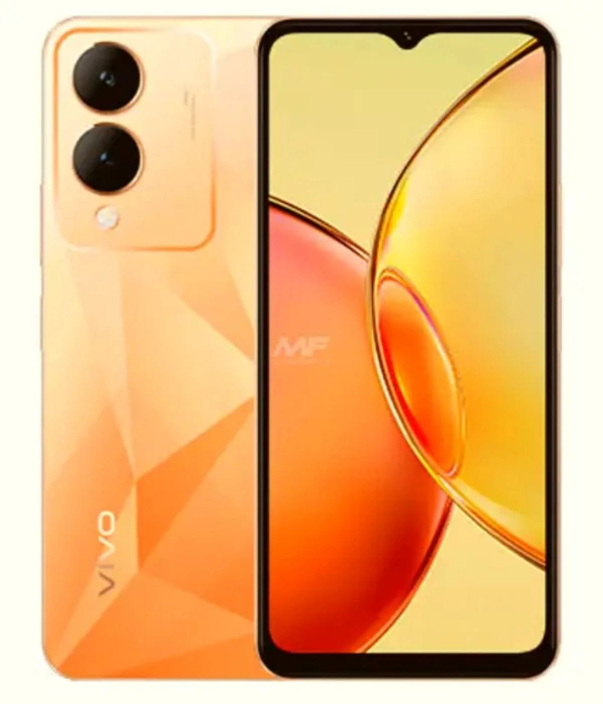 Vivo Y17s smartphone in a stunning orange color with a sleek design. Features a dual-camera setup on the back and a vibrant display showcasing a colorful interface. The device has a glossy finish and is presented against a plain background.