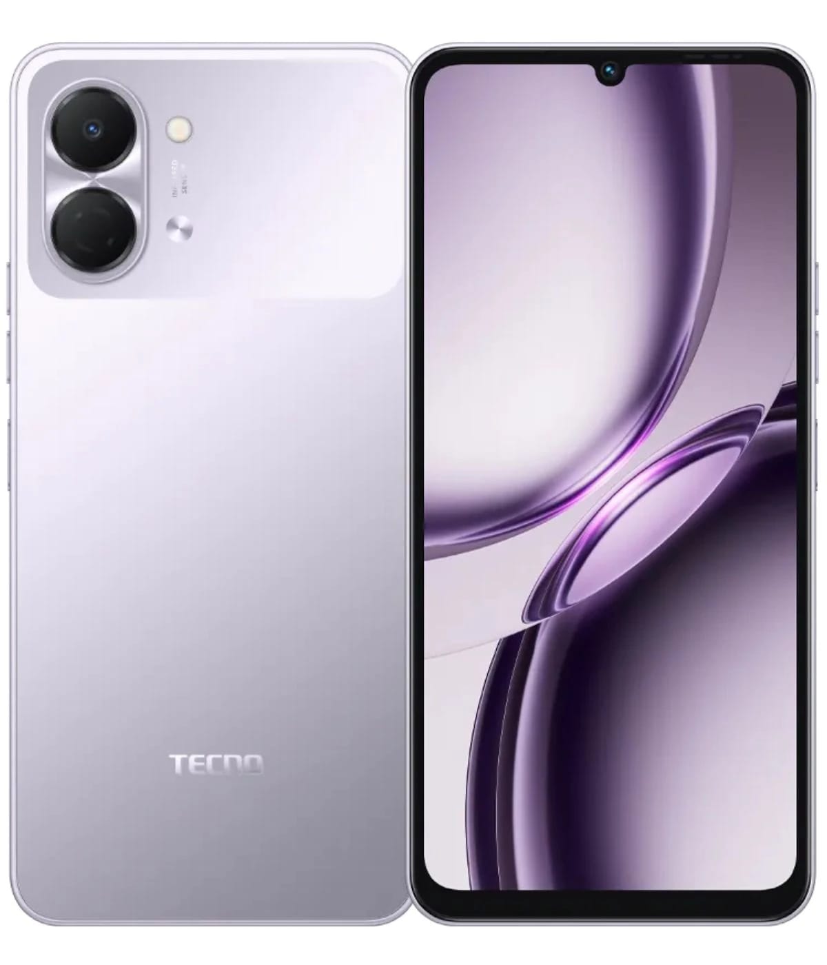 TECNO Spark Go 3 smartphone in sleek silver design, featuring dual rear cameras and a vibrant display with a waterdrop notch. The device showcases a modern aesthetic with a glossy finish, ideal for tech enthusiasts.