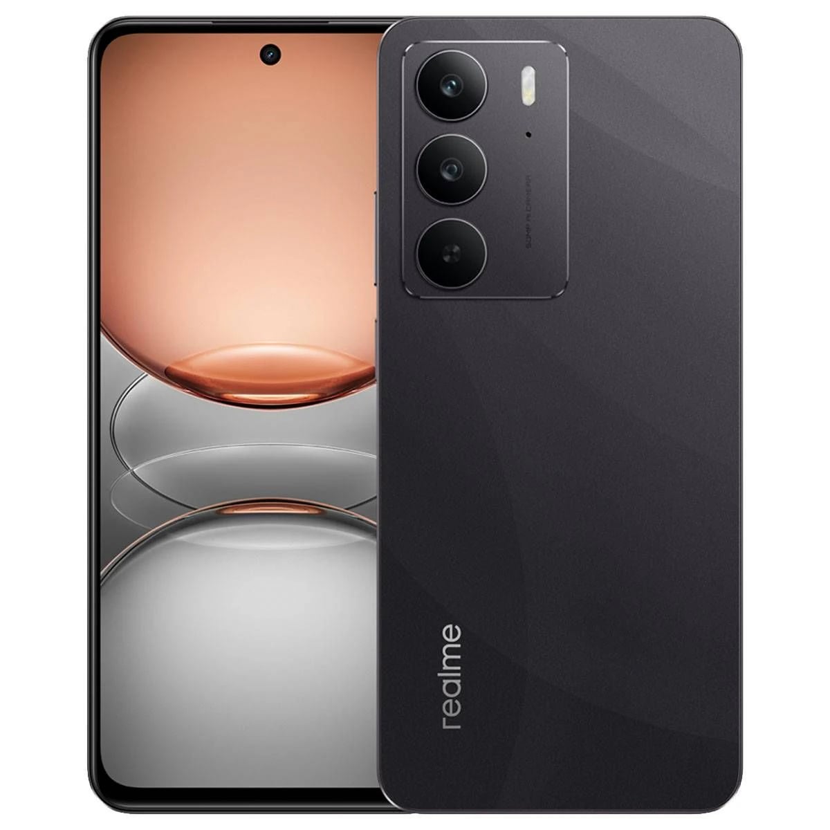 Realme C75 smartphone in sleek black finish, featuring a triple camera setup and a vibrant display with a subtle gradient background. Model: C75, RAM: 8GB, Storage: 128GB.