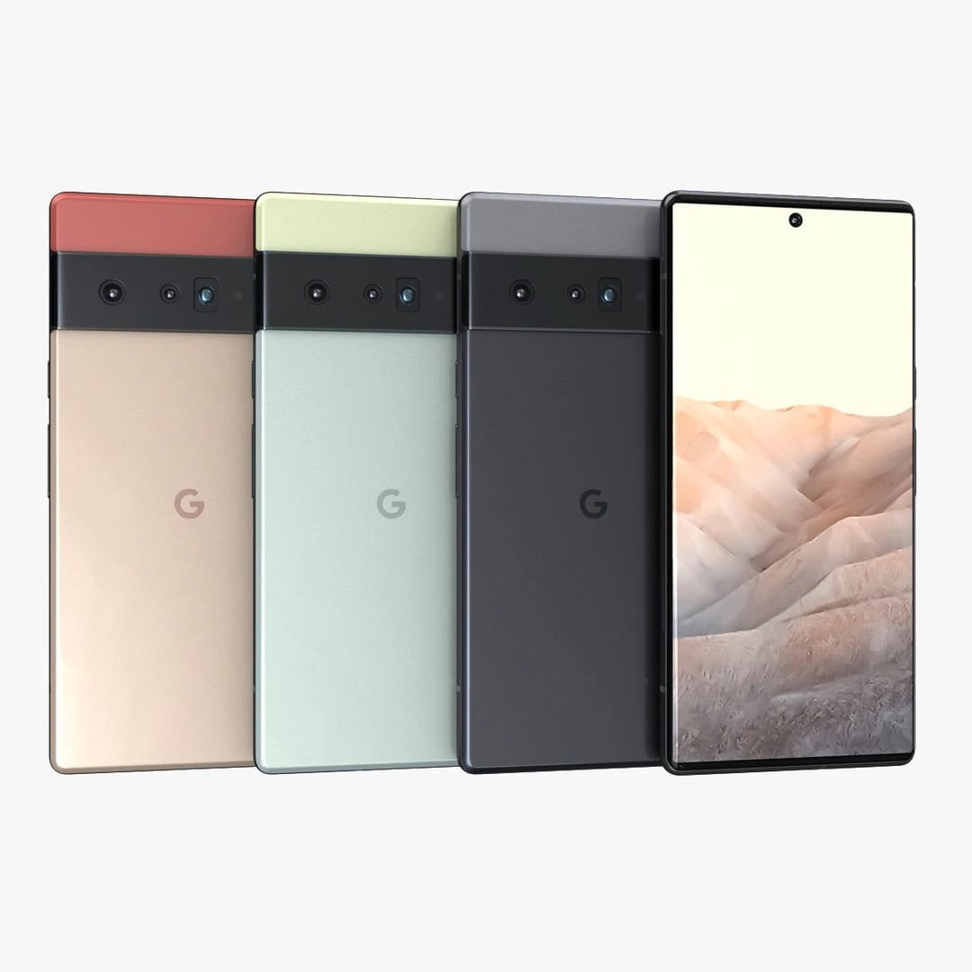 Google Pixel 6 smartphone collection featuring four color variants: Coral, Light Green, Charcoal, and Gold. Each phone showcases a sleek design with a prominent camera module and a vibrant display, set against a plain background.
