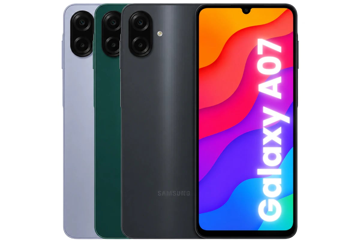 Samsung Galaxy A07 smartphone in three colors: lavender, green, and black. The front displays a vibrant screen with colorful graphics. The sleek design features a dual-camera setup on the back.