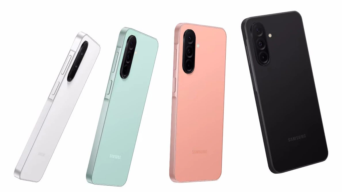 Samsung Galaxy smartphone lineup featuring four color variants: white, mint green, pink, and black. Each phone showcases a sleek design with a dual-camera setup and a modern finish, ideal for tech enthusiasts.
