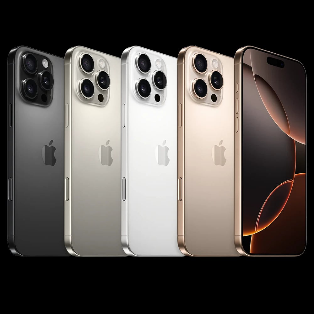 Apple iPhone 16 Pro Max in four stunning colors: Space Black, Silver, Gold, and White. Each phone showcases a sleek design with a triple-camera system and a vibrant display. Perfect for tech enthusiasts.