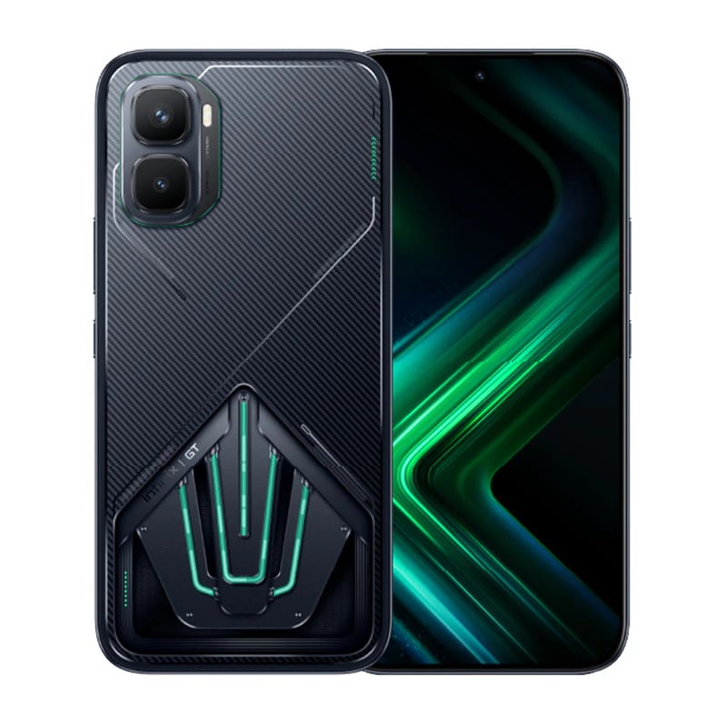 Infinix GT smartphone featuring a sleek black design with a textured back and vibrant green LED accents. The front displays a stunning high-resolution screen with dynamic graphics, ideal for gaming and multimedia.
