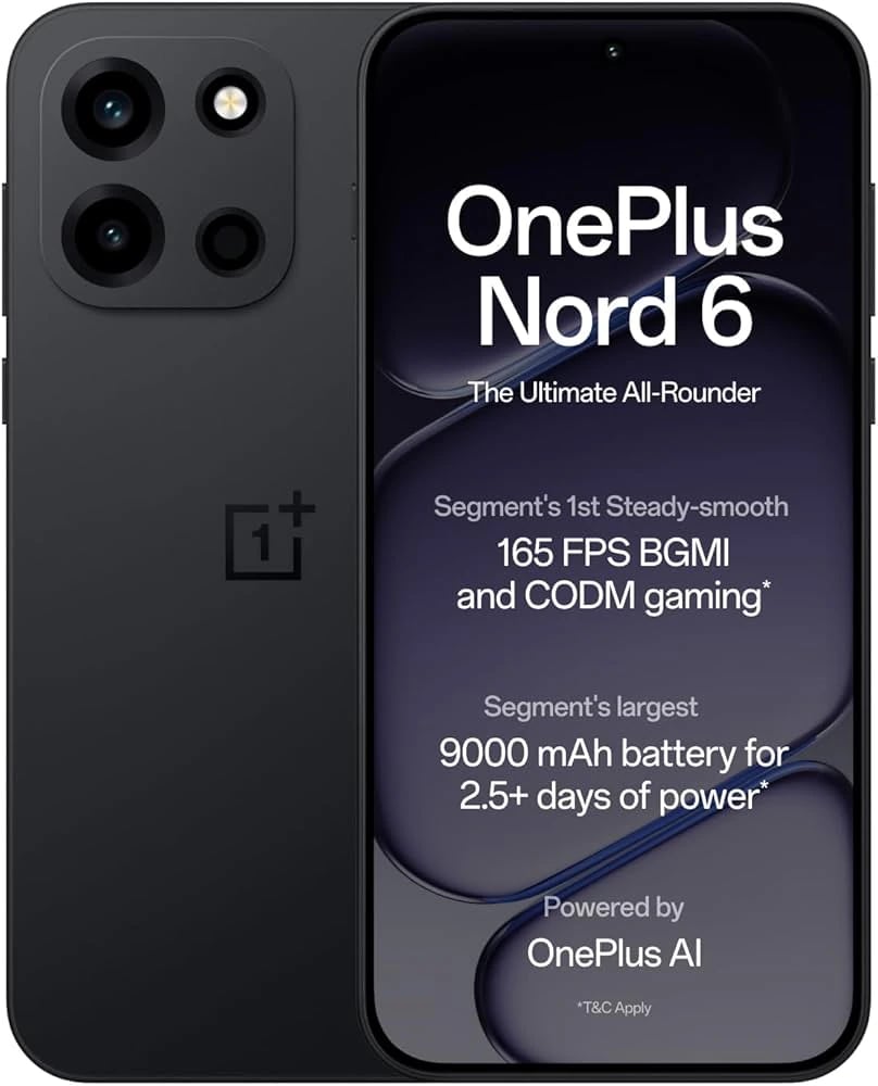 OnePlus Nord 6 smartphone in sleek black design featuring a vibrant display showcasing specifications including 165 FPS gaming and a 9000 mAh battery for extended use. The device is presented front-facing against a plain background.
