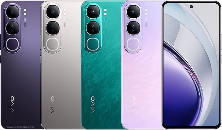 Vivo V25 smartphone lineup showcasing four color variants: purple, silver, green, and pink. Each phone features a sleek design with dual rear cameras and a vibrant display. The devices are arranged against a plain background, highlighting their…