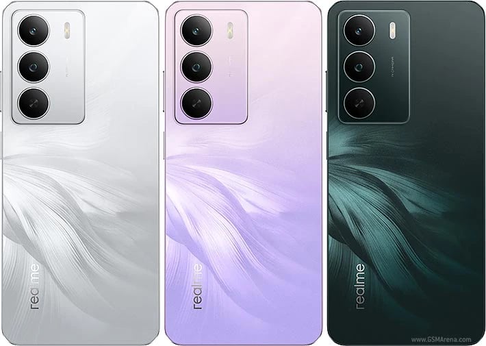 Realme smartphones displayed in three stylish colors: silver, lavender, and dark green. Each phone features a sleek design with a triple camera setup and a smooth, gradient finish, showcasing modern aesthetics.