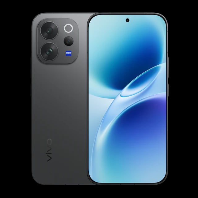 Vivo smartphone featuring a sleek black design, dual rear cameras with ZEISS optics, and a vibrant blue display. Model showcases a modern aesthetic with a glass front and smooth edges.