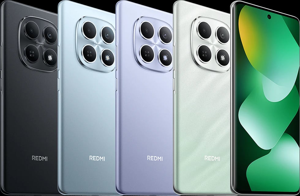 Xiaomi Redmi smartphone lineup featuring four color variants: black, light blue, lavender, and mint green. Each phone showcases a sleek design with a quad-camera setup and the brand logo prominently displayed.