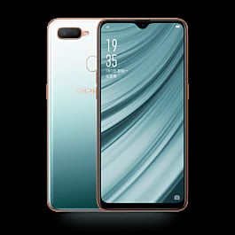 Oppo A7X smartphone featuring a stunning gradient design in teal and gold, with a 6.3-inch display, dual rear cameras, and a sleek glass back. The device is shown front-facing against a plain black background.