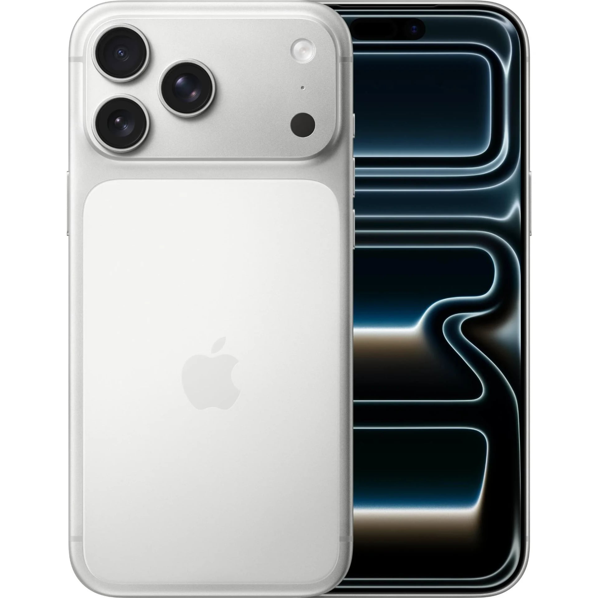Apple iPhone 17 Pro Max in Silver featuring a sleek design, triple-camera system, and a stunning display. The back showcases a glossy silver finish with the iconic Apple logo, while the front highlights the vibrant screen with minimal bezels.