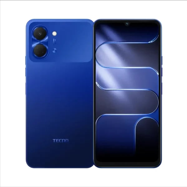 Tecno Spark 9 Pro smartphone in vibrant blue color, featuring dual rear cameras, a sleek design, and a large display showcasing a modern interface. The device is presented front-facing with a glossy finish.
