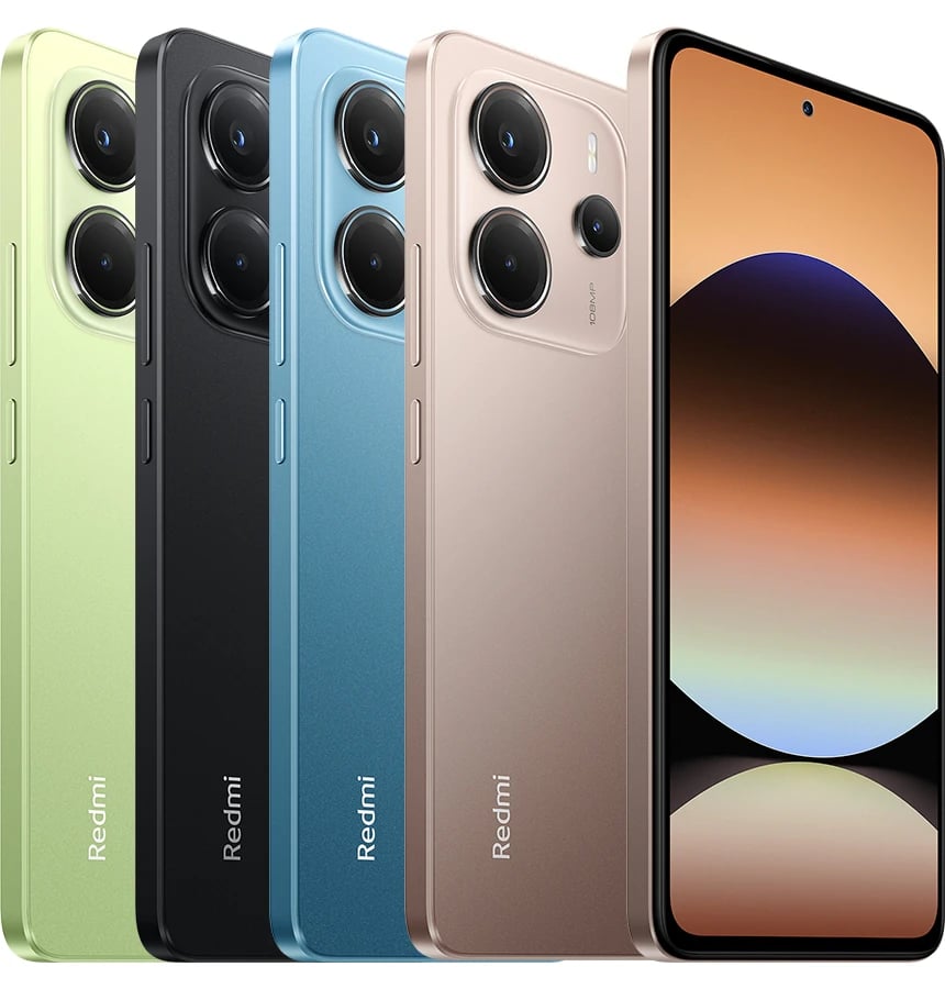 Redmi smartphones in four stylish colors: green, black, blue, and gold. Each phone features a sleek design with dual rear cameras and a vibrant display. Perfect for tech enthusiasts seeking modern aesthetics.