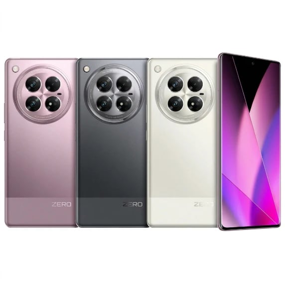 ZERO smartphone collection featuring three color variants: pink, gray, and white. Each phone showcases a sleek design with a circular camera module housing four lenses. The devices are displayed against a plain background, highlighting their modern…