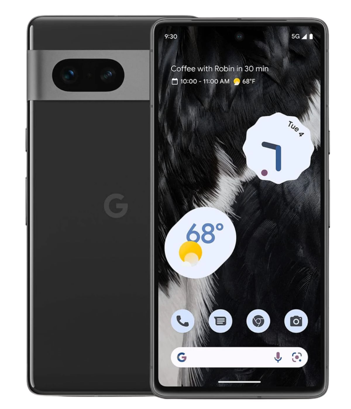 Google Pixel 7 smartphone in Obsidian color featuring a sleek design, dual rear camera setup, and vibrant display showing weather and calendar apps. The device is positioned against a plain background, highlighting its modern aesthetics.